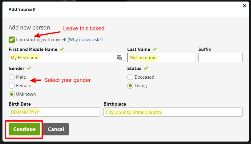 Adding first person details to your Ancestry family tree