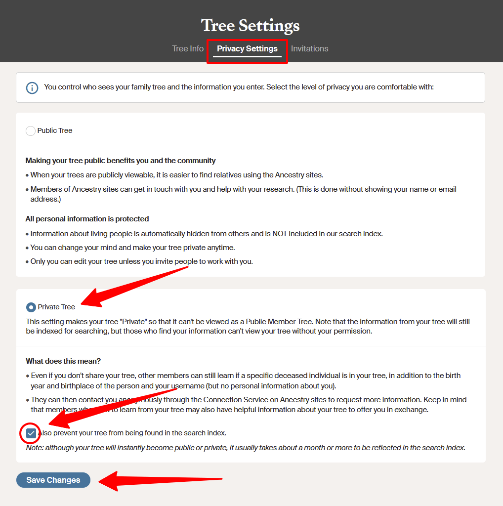 Ancestry family tree privacy settings showing private and unsearchable options selected