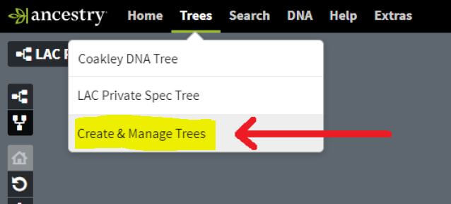Ancestry tree menu highlighting Create & Manage Trees