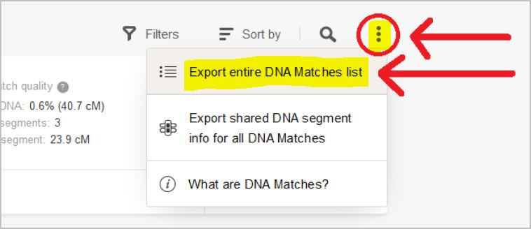 MyHeritage DNA menu to Export Entire Match List
