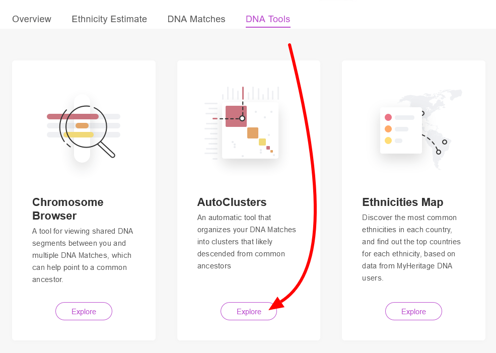 MyHeritage DNA AutoClusters explore button