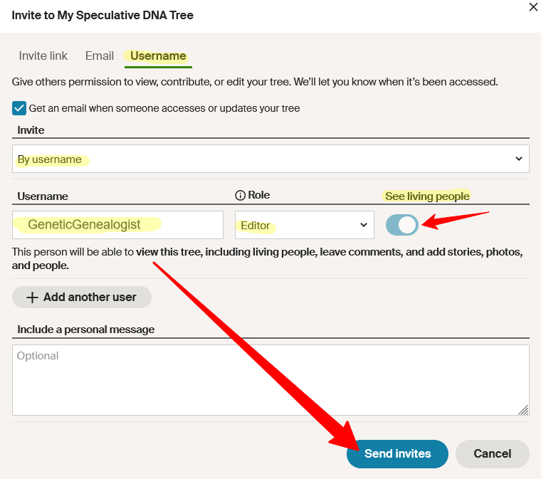 Ancestry tree sharing options including email username or shareable link