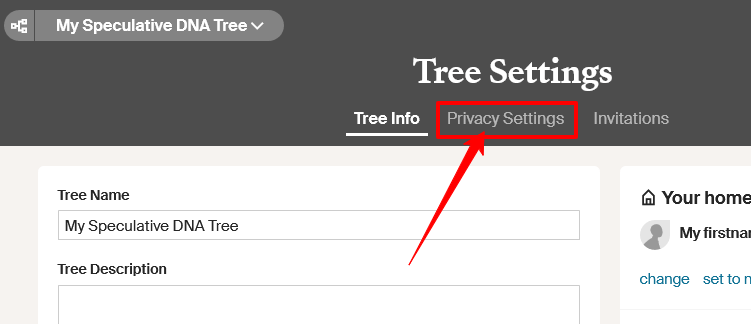 Ancestry Tree Settings page highlighting the Privacy Settings tab